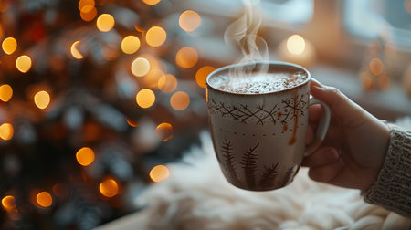 Cozy cup of hot cocoa with festive bokeh lights of Christmas tree. Perfect holiday scene. Concept of...