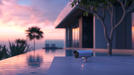 Surveillance camera at luxury modern home with an infinity pool at sunset. Concept of security, high-end living, protection, surveillance technology.の写真素材