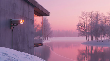 Modern concrete house with a security camera by a serene winter lake. Tranquil sunset. Concept of...