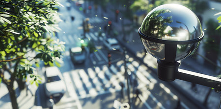 Chrome spherical security camera on a busy city street in daytime. Surveillance technology for urban...