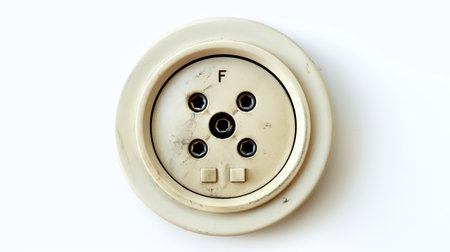 Vintage white wall socket with multiple connector holes on a white background. Concept of retro design, electricity, technology, electrical component.の写真素材