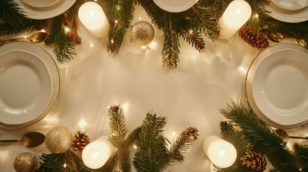 Festive holiday dinner table with white plates and lit candles. Christmas table setting with...