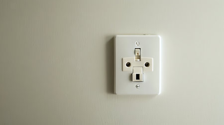 UK three-pin electrical outlet on a gray wall. UK power socket. Concept of home improvement, electricity, interior design, infrastructure.の写真素材