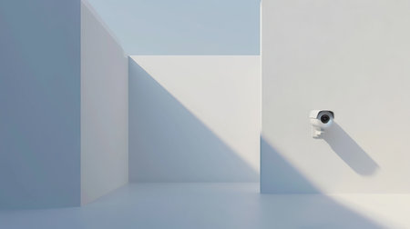 Security camera mounted on a modern white wall with geometric shadows. Surveillance technology. Concept of security, urban design, privacy protection, modern architecture.の写真素材