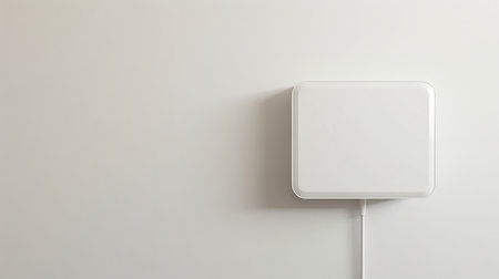 Minimalistic white Wi-Fi router against a plain white wall. Concept of modern technology, wireless...