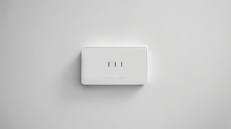 Minimalist white Wi-Fi router mounted on a white wall. Concept of modern technology, wireless...