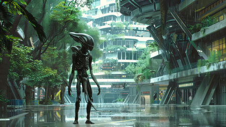 Futuristic alien creature in a modern urban environment with greenery. Concept of sci-fi,...