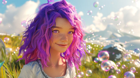 Cute Female Character with Purple Hair in a Vibrant Fantasy Landscape. Cute girl in wonderland....