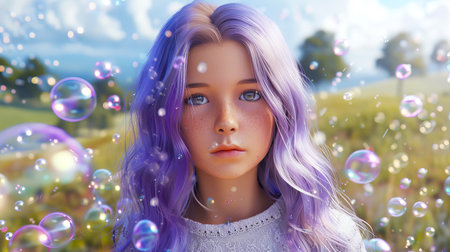 Young woman with purple hair and freckles surrounded by bubbles. Cute girl in wonderland. Concept of...