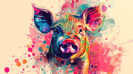 Vibrant pig illustration with colorful splashes. Colorful hog art with bright paint splatters. Animal, colorful, art, vibrant design concept.の写真素材