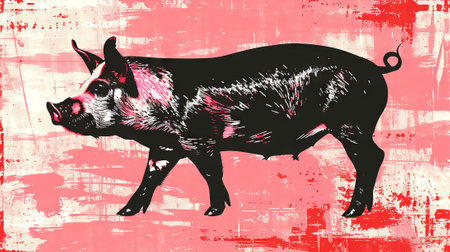 Black silhouette of a pig on a grunge red background. Concept of animal illustration, farm life, livestock appreciation, rustic design.の写真素材