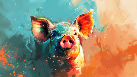 Vibrant watercolor art of a cheerful piglet with colorful splashes. Cute pig. Concept of farm animals, joy, playful design, artistic expression.の写真素材