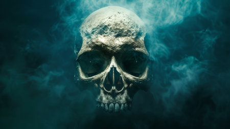 Mysterious human skull floating in eerie mist. Concept of death, mystery, horror, and the supernatural. Perfect for Halloween or dark-themed designs.の写真素材