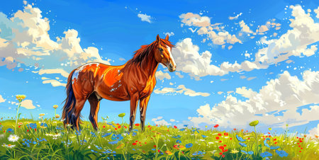 Brown horse in a vibrant meadow on a sunny day. Concept of nature, outdoor scenery, peaceful countryside, and equestrian beauty.の写真素材