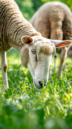 Close-up of sheep grazing on a lush green meadow. Concept of animal agriculture, farming, livestock, nature.の写真素材