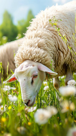 Close-up of a sheep grazing in a lush green meadow. Concept of farming, livestock, rural life, nature.の写真素材