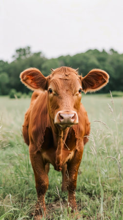 Brown cow standing in a grassy field. Farm animal in nature. Concept of agriculture, livestock, rural life, eco-friendliness.の写真素材