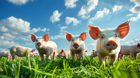 Cute piglets in a green grassy field under a blue sky with white clouds. Concept of livestock, farm animals, agriculture, rural life, cute pigs.の写真素材