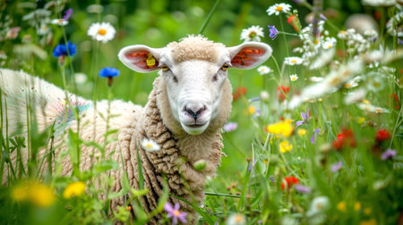Close-up of a sheep grazing in a lush green meadow with wildflowers in bloom. Concept of nature, agriculture, pastoral scenery, rural life, farm animalの写真素材