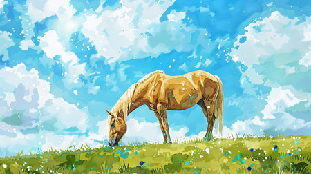 Watercolor art of a horse grazing in a sunny meadow with a bright sky background. Concept of nature, tranquility, animal illustration, pastoral scene, simplicity.の写真素材