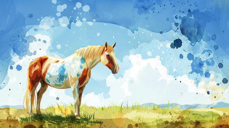 Watercolor art of a horse grazing in a sunny meadow with a bright sky background. Concept of nature, tranquility, animal illustration, pastoral scene, simplicity.の写真素材