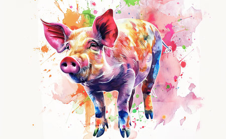 Watercolor art of a colorful pig on an aquarelle background. Vibrant animal illustration. Concept of nature, wildlife painting, artistic design, creative expression.の写真素材