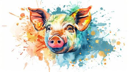 Watercolor art of a colorful pig on an aquarelle background. Vibrant animal illustration. Concept of nature, wildlife painting, artistic design, creative expression.の写真素材