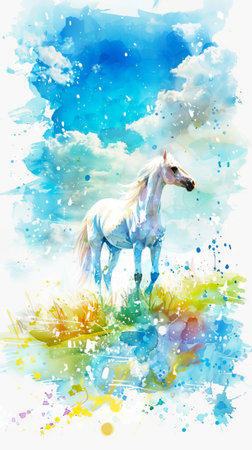 Watercolor art of a white horse standing on a grassy field under a blue sky. Concept of nature, horse illustration, watercolor painting, equestrian beauty.の写真素材