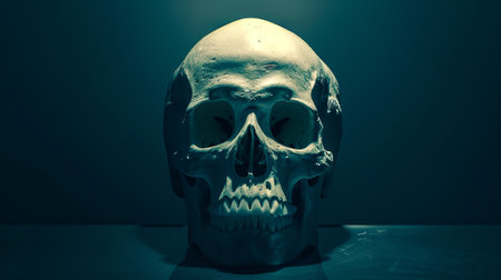 Human Skull on a Dark Background. Concept of anatomy, mortality, science, macabre art, Halloween.の写真素材