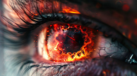 Close-up of an eye with a fiery reflection, detailed and intense. Macro shot showing an eye with vivid flames. Eye detail, fire, intensity, dramatic, imagination concept.の写真素材