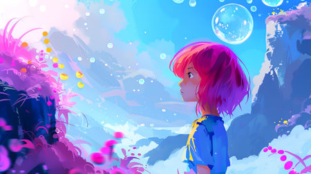 Young girl with pink hair in a vibrant fantasy landscape. Cartoon female character. Concept of...
