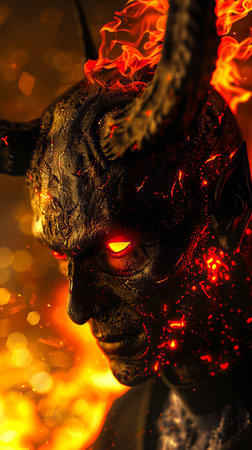 Close-up of a fiery demon with glowing eyes and horns. Concept of fantasy, horror, supernatural being, mythical creature.の写真素材