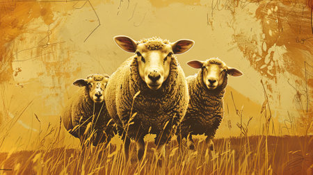 Three illustrated sheep with a textured background. Pastoral scene. Concept of nature, livestock, rural simplicity, rustic charm.の写真素材