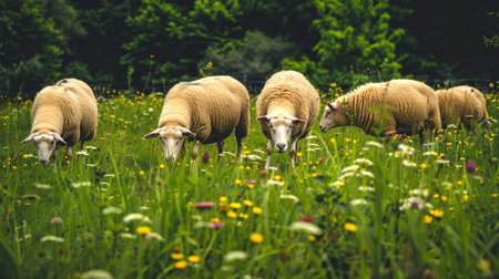 Flock of sheep grazing in a lush green meadow with bright wildflowers. Concept of pastoral life, nature's beauty, rural scenery, agricultural tranquility.の写真素材