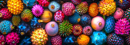Colorful assortment of exotic fruits top view. Tropical, vibrant colors, variety, fresh produce concept.の写真素材