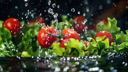 Fresh red tomatoes and green lettuce splashed with water drops on a black background. Healthy food, vegetable freshness, salad ingredients, culinary concept.の写真素材