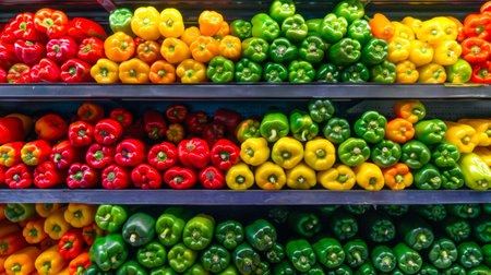 Fresh assortment of bell peppers in a market display. Colorful vegetables. Food, produce, healthy eating, grocery store concept.の写真素材