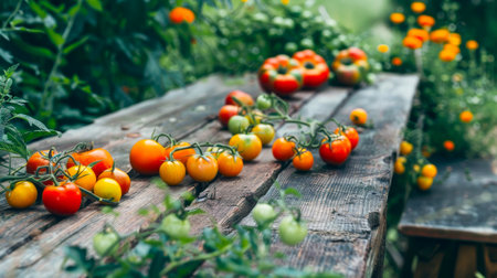 Fresh tomatoes on a rustic wooden table outdoors. Vegetables, organic farming, summer harvest, agriculture concept.の写真素材
