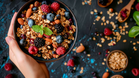 Hands holding a bowl of granola with fresh berries on a rustic table. Healthy breakfast, fruit toppings, nutritious food, wholesome eating concept. Copy space.の写真素材