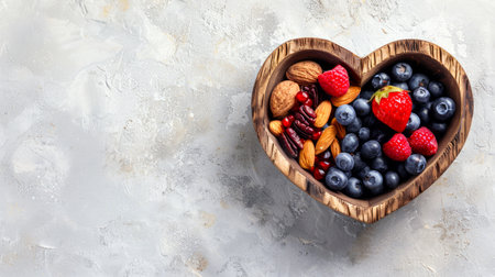 Heart-shaped wooden bowl filled with various healthy foods on a textured background. Raw vegetables, nuts, superfoods, greens concept. Copy space Foods that are good for a healthy heart.の写真素材