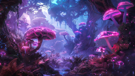 Fantasy forest with vibrant glowing mushrooms and mystical lights. Enchanted wilderness, nature concept, magical scenery, surreal landscape.のeditorial素材