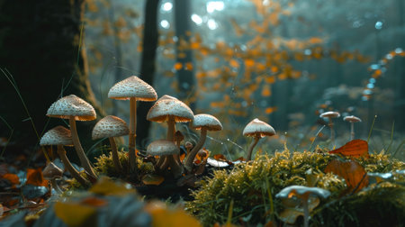 Enchanting forest mushrooms illuminated by soft afternoon light. Nature aesthetics, fungi close-up, woodland scene, environmental beauty concept.の写真素材