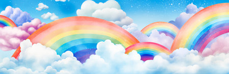 Colorful rainbows arching through clouds in a bright blue sky. Fantasy, dreamy landscape, magical concept, vibrant illustration. Banner.の写真素材