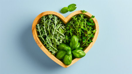 Heart-shaped wooden bowl with fresh herbs on light blue background. Healthy cooking, culinary ingredients, organic flavor, kitchen design concept.の写真素材