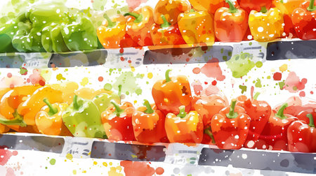 Watercolor art of colorful bell peppers on display. Vegetable market illustration. Fresh produce, farming, grocery concept.の写真素材
