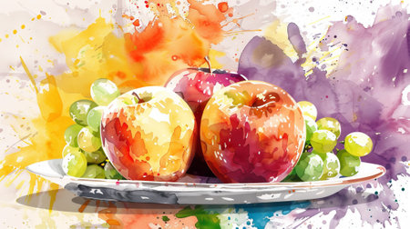 Watercolor art of fresh apples and grapes on a colorful background. Fruit illustration. Painting, fresh produce, still life, nature concept.の写真素材