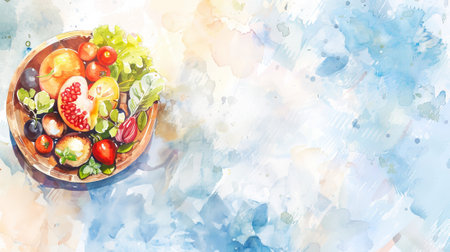 Watercolor art of a salad bowl with fresh vegetables on an abstract aquarelle background. Healthy food, vegetarian diet, artistic painting, culinary concept. Banner. Copy space.の写真素材