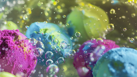 Vivid bath bombs fizzing in water with colorful dyes dispersing. Colorful bath bombs dissolve,...