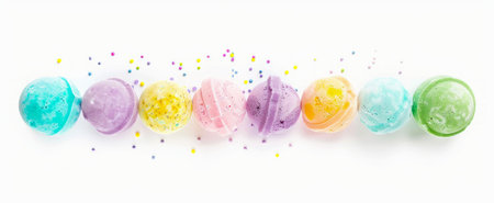 Assorted colorful bath bombs isolated on a clean white background. Pastel-colored bath bombs...