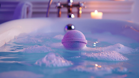 Purple bath bomb dissolving in a bathtub with soft candle lighting. Fizzy bath bomb creating a luxurious bath experience. Concept of indulgence and relaxation in a spa setting.の写真素材